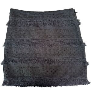 Anthropologie HD In Paris Womens Straight Skirt Black Eyelet Lace Linen Fringe 8